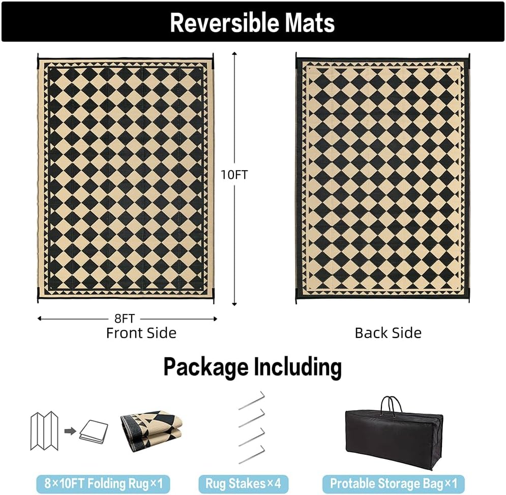 HUGEAR Outdoor Rug for Patios Clearance,Waterproof Mat,Large Outside Carpet,Reversible Plastic Straw Camping Rugs,Rv,Porch,Deck,Camper,Balcony,Backyard (8x10,Checkered/Black&Beige) - Image 2