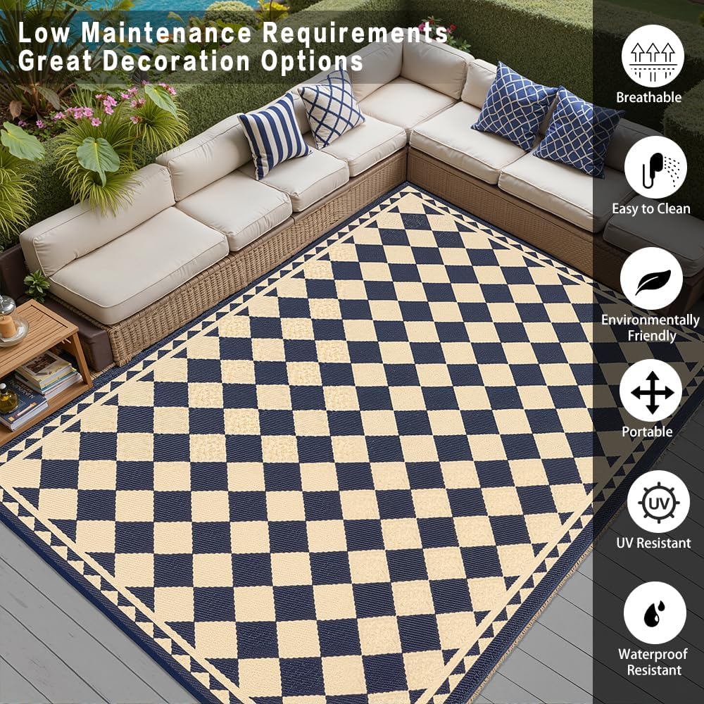 HUGEAR Outdoor Rug for Patios Clearance,Waterproof Mat,Large Outside Carpet,Reversible Plastic Straw Camping Rugs,Rv,Porch,Deck,Camper,Balcony,Backyard (8x10,Checkered/Black&Beige) - Image 3
