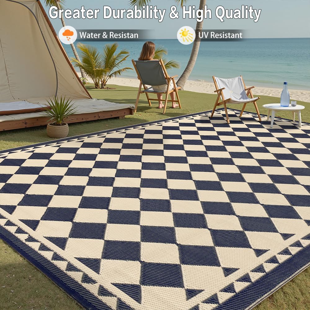 HUGEAR Outdoor Rug for Patios Clearance,Waterproof Mat,Large Outside Carpet,Reversible Plastic Straw Camping Rugs,Rv,Porch,Deck,Camper,Balcony,Backyard (8x10,Checkered/Black&Beige) - Image 4
