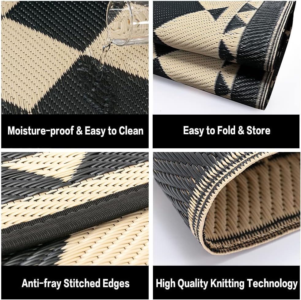 HUGEAR Outdoor Rug for Patios Clearance,Waterproof Mat,Large Outside Carpet,Reversible Plastic Straw Camping Rugs,Rv,Porch,Deck,Camper,Balcony,Backyard (8x10,Checkered/Black&Beige) - Image 6