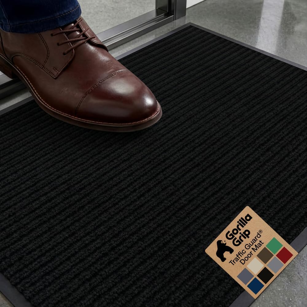 GORILLA GRIP Waterproof Traffic Guard Door Mat, Indoor and Outdoor Heavy Duty Entryway Mats, Strong Backing Commercial Utility Rugs, Office Hallway, Garage and Patio, Low Profile Runner, 29x17, Black