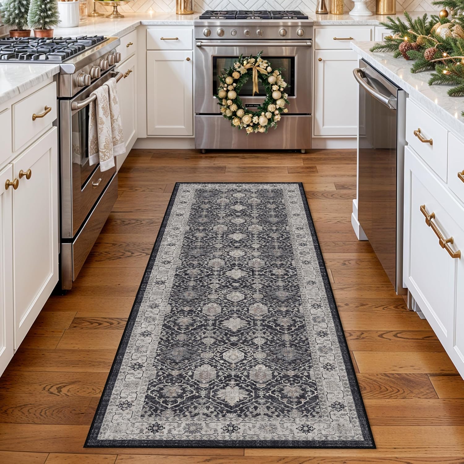 Hallway Washable Runner Rug - 2x6 Kitchen Rugs Entryway Rug Runner Vintage Soft Floor Mat Non Slip Indoor Farmhouse Carpet for Bathroom Living Room Bedroom (2 X 6, Black) - Image 2