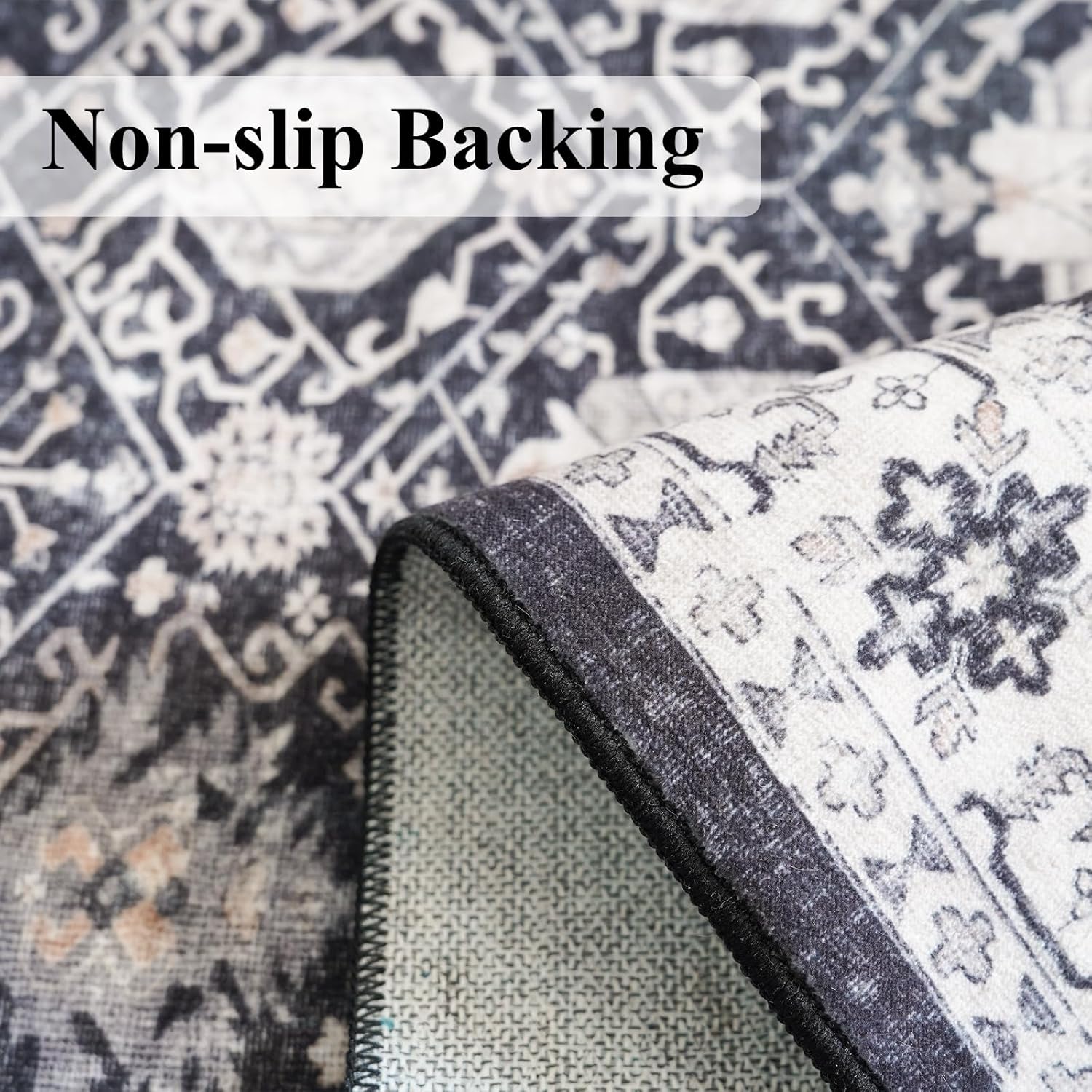 Hallway Washable Runner Rug - 2x6 Kitchen Rugs Entryway Rug Runner Vintage Soft Floor Mat Non Slip Indoor Farmhouse Carpet for Bathroom Living Room Bedroom (2 X 6, Black) - Image 4