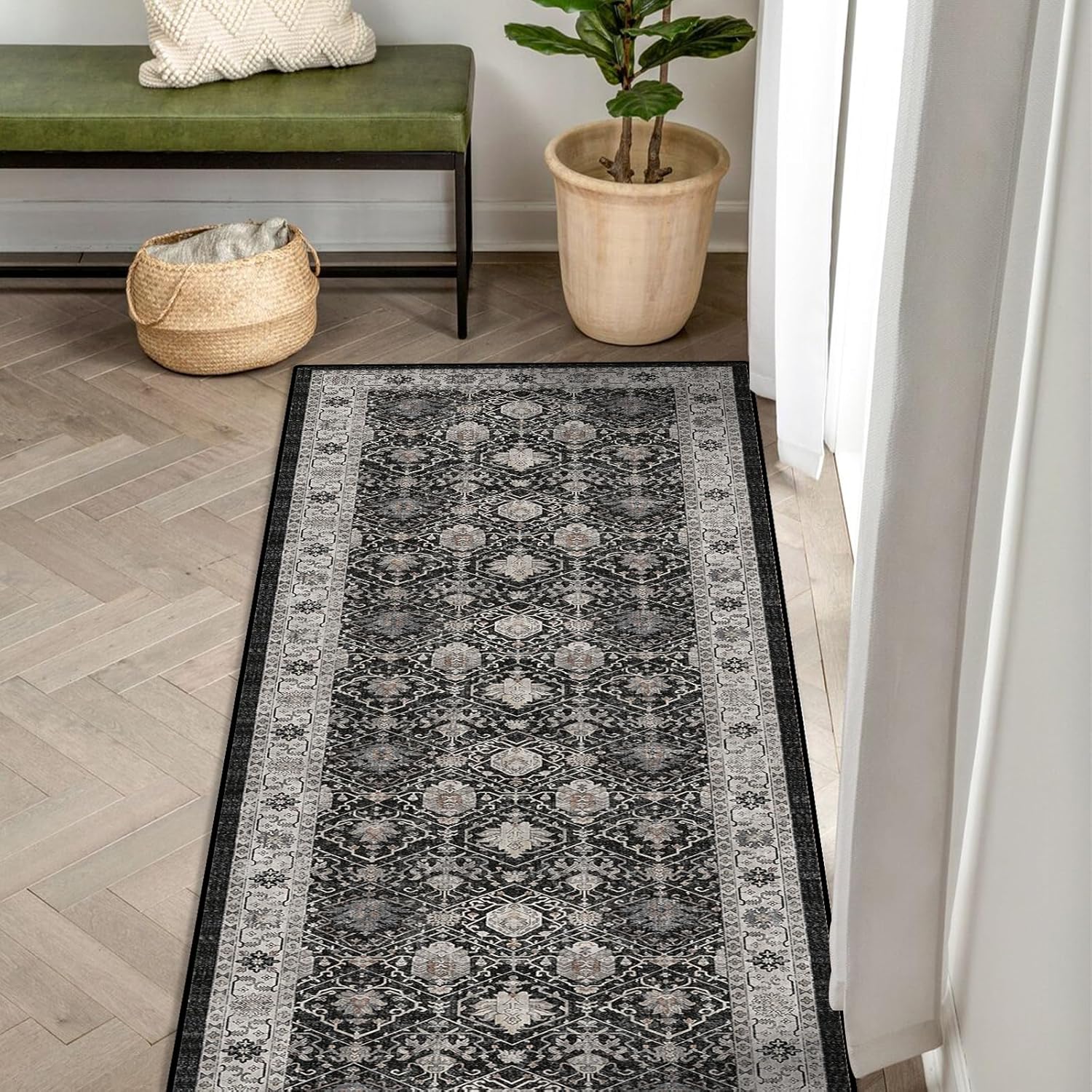 Hallway Washable Runner Rug - 2x6 Kitchen Rugs Entryway Rug Runner Vintage Soft Floor Mat Non Slip Indoor Farmhouse Carpet for Bathroom Living Room Bedroom (2 X 6, Black) - Image 7
