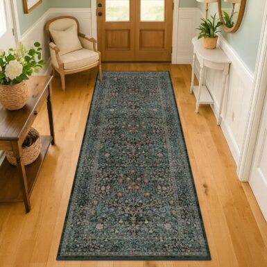 8ft Long Runners for Hallways Non Slip, 2'6" x 8' Floor Runner for Kitchen, Entryway Indoor, Washable Rubber Backing Stain Resistant - Vintage Floral Dark Green & Black Wide Décor